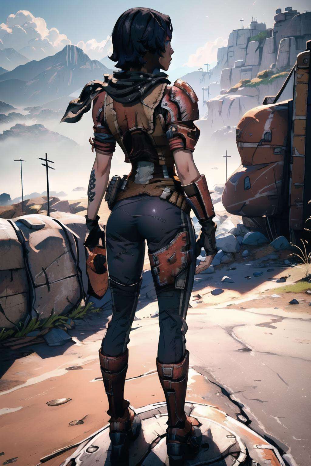 (masterpiece, best quality:1.2),  <lora:athena_(borderlands):.9>, athena (borderlands), 1girl, solo, gloves, short hair, fingerless gloves, armor, black hair, knee pads, pants, tattoo, breasts, belt, breastplate, vest, blue eyes, scarf, jacket, from behind, full body, crossed arms, city