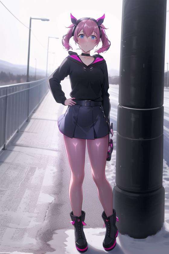 <lora:cyber_punked_wattson:.6>, cyber punked wattson, masterpiece, best quality,  1girl, solo, pantyhose, skirt, blue eyes, hands on hips, blue skirt, looking at viewer, blush, twintails, ribbon, pink hair, twin drills, boots, casual, hair ribbon, short hair, outdoors, standing, white footwear, knee boots, closed mouth, frown, black ribbon, black pantyhose, long sleeves, full body, pleated skirt, bangs, sweater, shirt, miniskirt