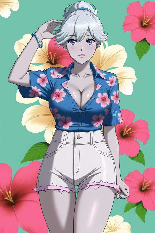 <lora:polly_geist:.4>, polly geist, masterpiece, best quality, 1girl, solo, mature female, hawaiian shirt, cutoffs, colored skin, floral print, blue shirt, white shorts, cleavage, hibiscus print, open shirt, 