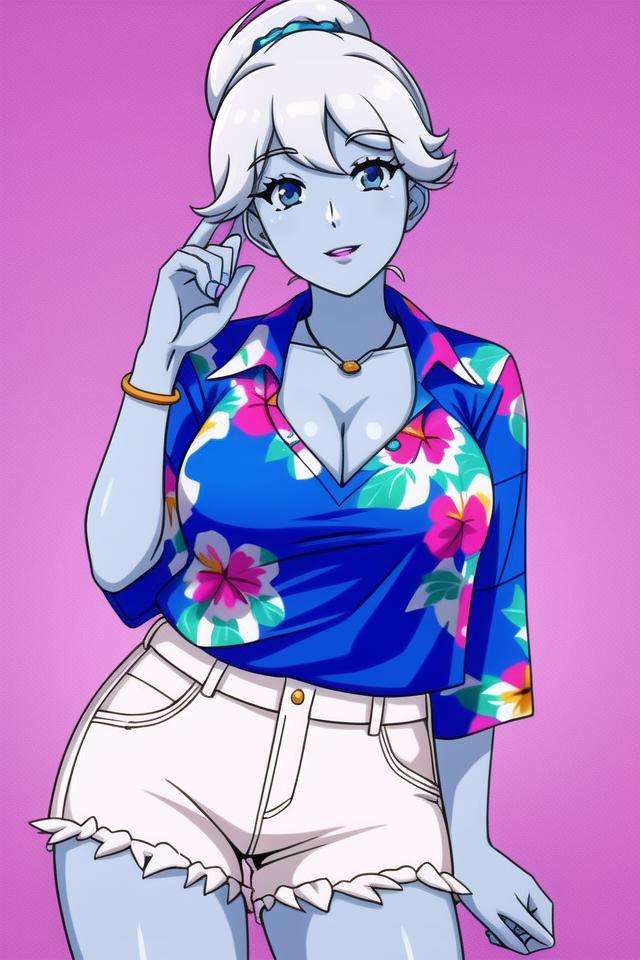 <lora:polly_geist:.4>, polly geist, masterpiece, best quality, 1girl, solo, mature female, hawaiian shirt, cutoffs, colored skin, floral print, blue shirt, white shorts, cleavage, hibiscus print, open shirt, ghost girl, 