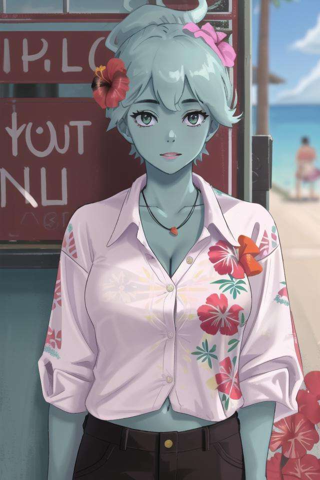 <lora:polly_geist:.6>, polly geist, masterpiece, best quality, 1girl, solo, mature female, hawaiian shirt, cutoffs, (colored skin), floral print, cleavage, hibiscus print, open shirt, buttons, collared shirt, outdoors, depth of field, blurry background, toned, absurdres, midriff, 