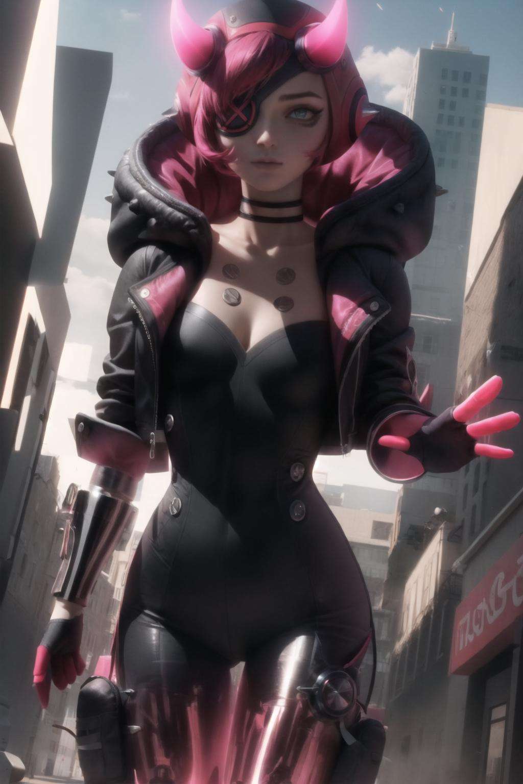 (masterpiece, best quality:1.2),  <lora:cyber_punked_wattson:1>, cyber punked wattson, 1girl, solo, bodysuit, jacket, breasts, eyepatch, horns, black bodysuit, black jacket, one eye covered, mechanical arms, black headwear, pink hair, mechanical legs, hood, blue eyes, hooded jacket, single mechanical arm, gloves, black gloves, medium breasts, choker, cleavage,  official alternate costume, short hair, collarbone, black choker, from below, arched back, standing, city