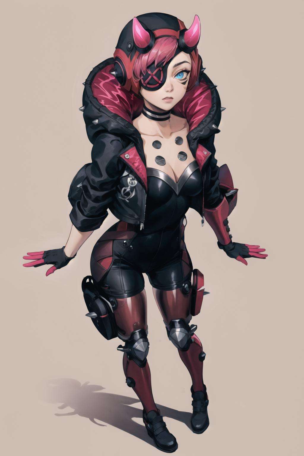 (masterpiece, best quality:1.2),  <lora:cyber_punked_wattson:1>, cyber punked wattson, 1girl, solo, bodysuit, jacket, breasts, eyepatch, horns, black bodysuit, black jacket, one eye covered, mechanical arms, black headwear, pink hair, mechanical legs, hood, blue eyes, hooded jacket, single mechanical arm, gloves, black gloves, medium breasts, choker, cleavage,  official alternate costume, short hair, collarbone, black choker, from above, full body, standing, outdoors, abstract background