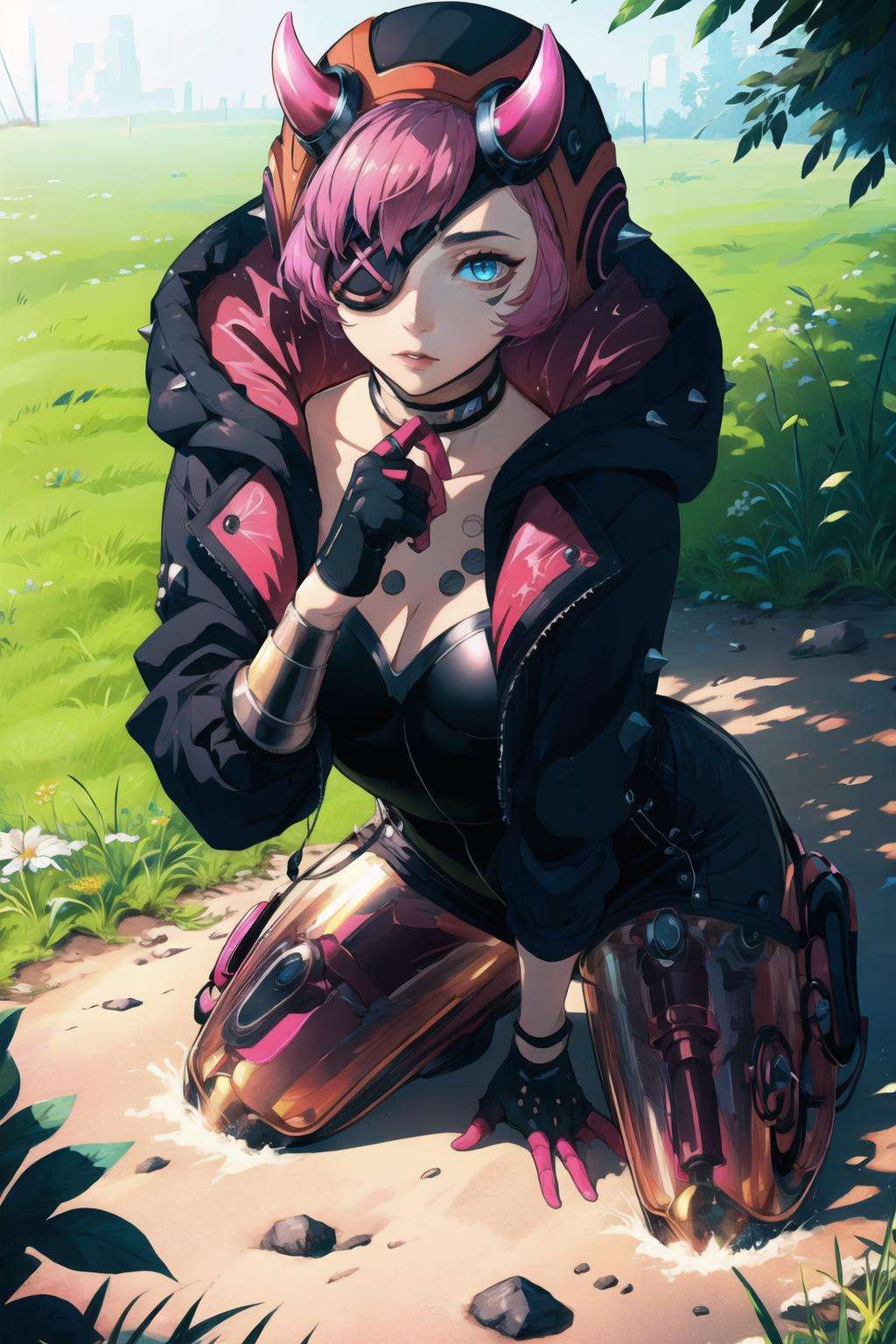 (masterpiece, best quality:1.2),  <lora:cyber_punked_wattson:1>, cyber punked wattson, 1girl, solo, bodysuit, jacket, breasts, eyepatch, horns, black bodysuit, black jacket, one eye covered, mechanical arms, black headwear, pink hair, mechanical legs, hood, blue eyes, hooded jacket, single mechanical arm, gloves, black gloves, medium breasts, choker, cleavage,  official alternate costume, short hair, collarbone, black choker, sideways, all fours, outdoors, field