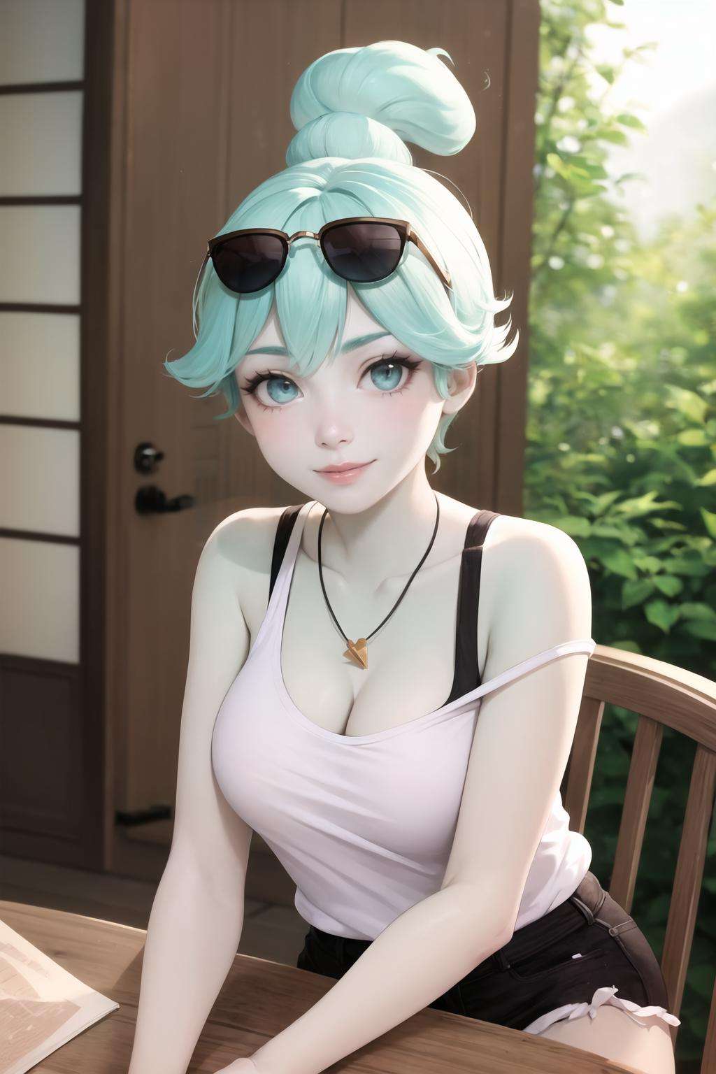 (masterpiece, best quality:1.2), <lora:polly_geist:.9>, polly geist, 1girl, solo, eyewear on head, shorts, colored skin, sunglasses, breasts, jewelry, blue skin, ponytail, black shorts, necklace, short shorts, cleavage, strap slip, monster girl, slime girl, tank top, white tank top, aqua eyes, off shoulder, aqua hair, bare shoulders, large breasts, smile, looking at viewer, upper body, blurry, day, outdoors, closed mouth, plant, table, depth of field, chair, indoors