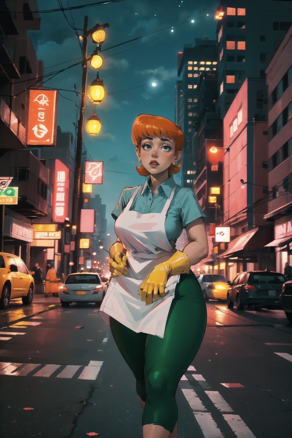 (masterpiece, best quality:1.2), <lora:mom_(dexter's_laboratory):.9>, mom (dexter's laboratory), 1girl, solo, apron, jewelry, earrings, gloves, breasts, wide hips, makeup, lipstick, thick thighs, curvy, shirt, large breasts, collared shirt, thighs, short hair, pants, orange hair, short sleeves, mature female, lips, yellow gloves, elbow gloves, green pants, ground vehicle, street, road, motor vehicle, city, outdoors, scenery, sign, car, building, power lines, real world location, people, crosswalk, bicycle, traffic light, blurry, utility pole, road sign, vanishing point, cyberpunk, day, cityscape, walking, crowd, lamppost, standing, photo background