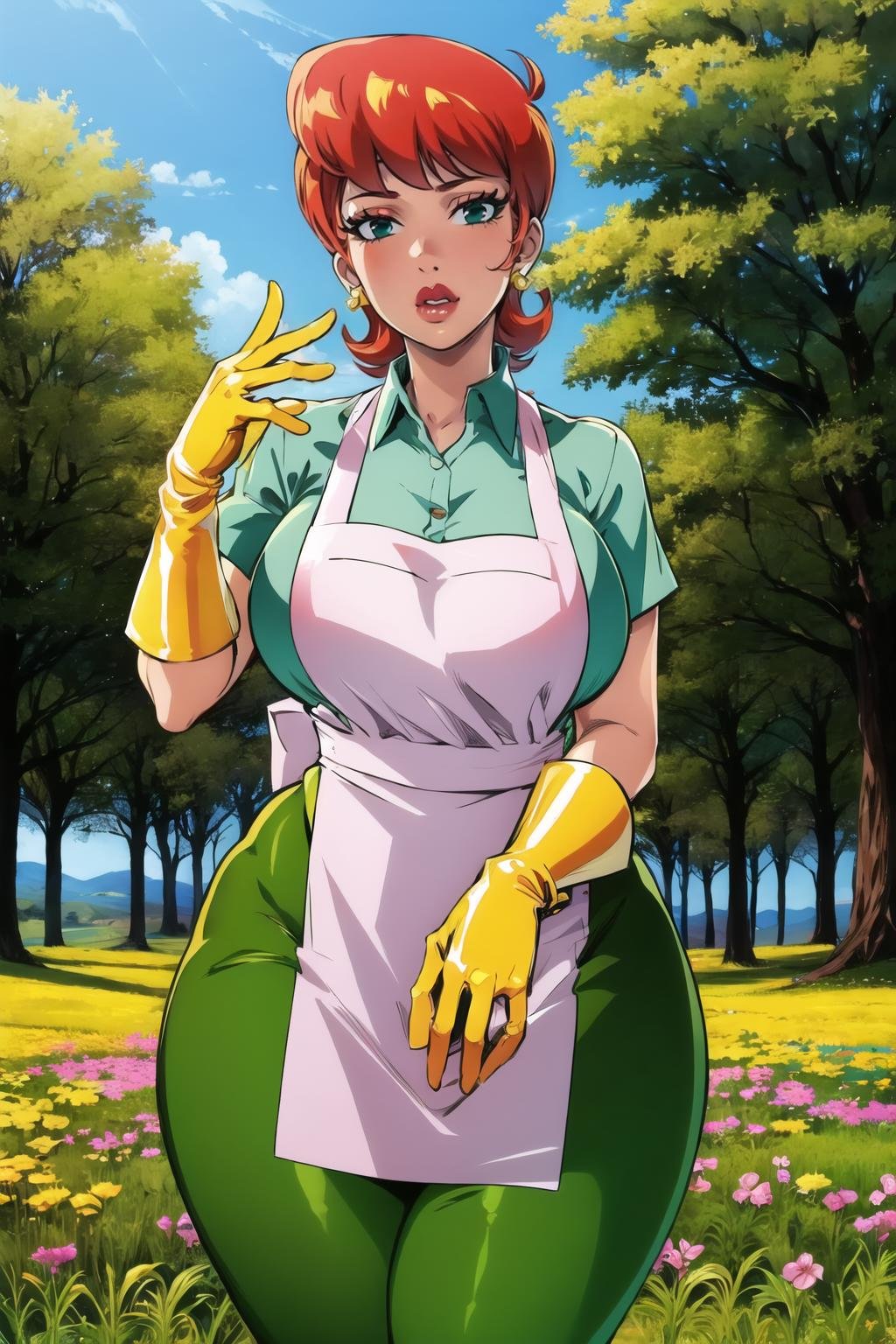 (masterpiece, best quality:1.2), <lora:mom_(dexter's_laboratory):.9>, mom (dexter's laboratory), 1girl, solo, apron, jewelry, earrings, gloves, breasts, wide hips, makeup, lipstick, thick thighs, curvy, shirt, large breasts, collared shirt, thighs, short hair, pants, orange hair, short sleeves, mature female, lips, yellow gloves, elbow gloves, green pants, flower, outdoors, yellow flower, tree, standing, field, grass, nature, sky, day, cowboy shot, forest, scenery