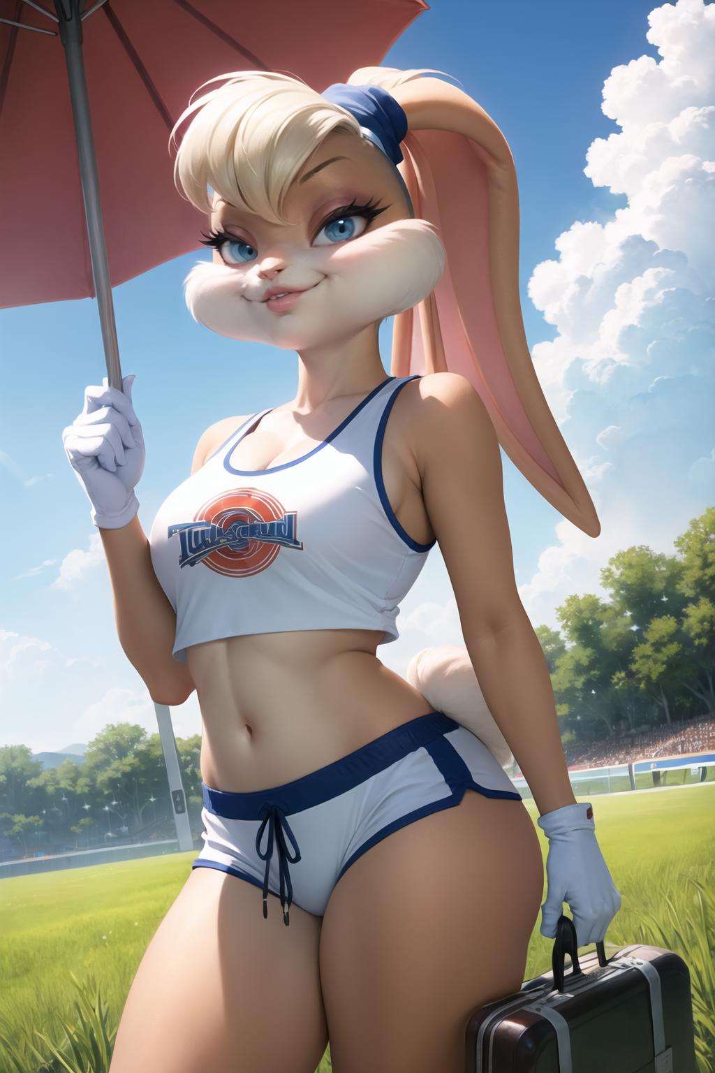 (masterpiece, best quality:1.2),  <lora:lola_bunny:.9>, lola bunny, 1girl, breasts, gloves, solo, furry female, rabbit girl, shorts, white gloves, furry, navel, rabbit ears, animal ears, large breasts, cleavage, collarbone, white shorts, midriff, sportswear, sports bra, bare shoulders, standing, stomach, crop top, tail, short shorts, blue eyes, thighs, rabbit tail, basketball uniform, clothes writing, toned, animal nose, parted lips, sleeveless, teeth, short hair, shirt, outdoors, umbrella, grass, holding, field, holding umbrella, standing, grey sky, suitcase, sky, scenery, wide shot, briefcase, cloud, black umbrella