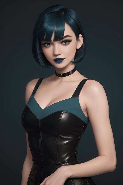 <lora:gwen_(total_drama)v2:0.8>, gwen(total drama), masterpiece, best quality, 1girl, solo, blue lips, looking at viewer, breasts, short hair, makeup, black eyes, collar, upper body, arms behind back, choker, smile, bangs, blue hair, collarbone, lipstick, black lips, dress, black choker, cleavage, black collar green hair,