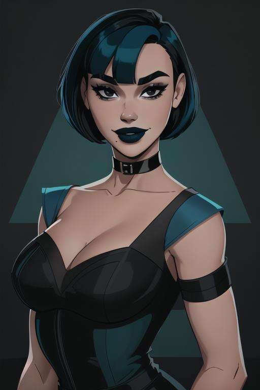 <lora:gwen_(total_drama)v2:0.8>, gwen(total drama), masterpiece, best quality, 1girl, solo, blue lips, looking at viewer, breasts, short hair, makeup, black eyes, collar, upper body, arms behind back, choker, smile, bangs, blue hair, collarbone, lipstick, black lips, dress, black choker, cleavage, black collar green hair,