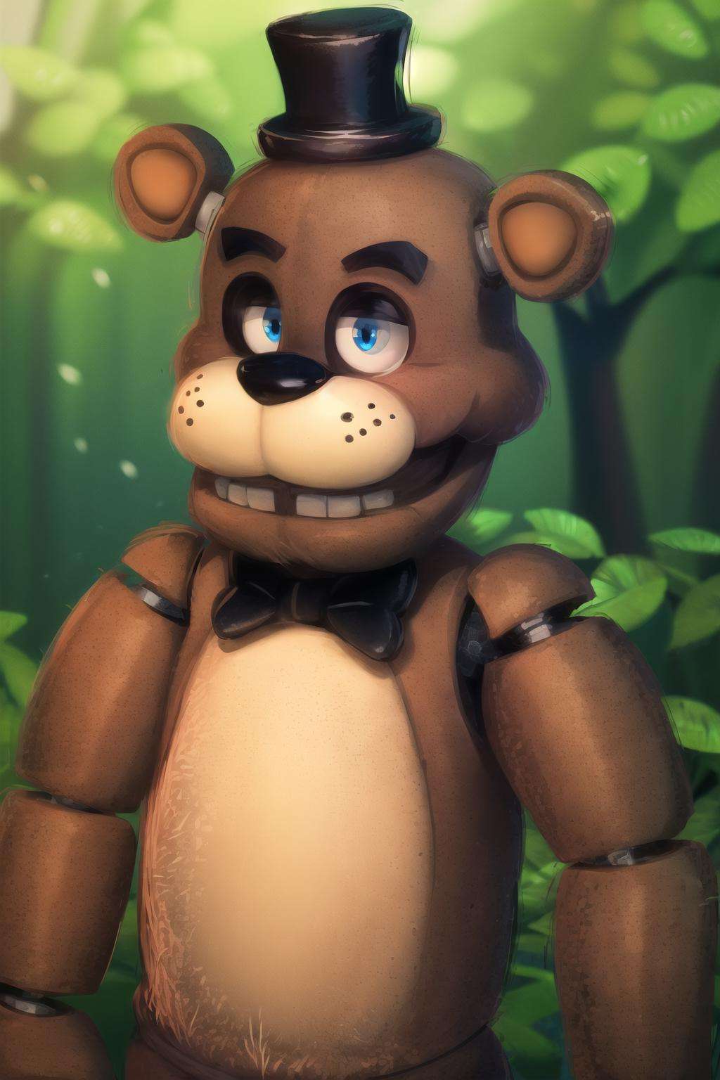 (masterpiece, best quality:1.2),  <lora:freddy_fazbear:.95>, freddy fazbear, hat, top hat, bow, 1boy, solo, male focus, bowtie, furry male, no humans, portrait, blue eyes, mini hat, robot, standing, black bow, grin, furry, smile, teeth, animal ears, black bowtie, black headwear, joints, mini top hat, outdoors, 