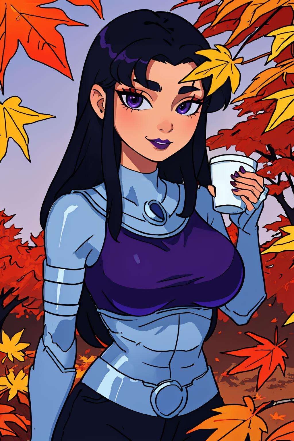 (masterpiece, best quality:1.2), <lora:blackfire:.9>, blackfire, 1girl, solo, black hair, long hair, purple lips, makeup, purple eyes, lipstick, armor, bodysuit, breasts, lips, dark-skinned female, large breasts, dark skin, vambraces, bangs, cup, looking at viewer, smile, autumn leaves, leaf, sakazuki, maple leaf, closed mouth, flower, purple flower, bird, autumn,