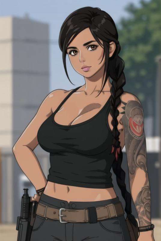 <lora:mara_(call_of_duty):0.8>, mara (call of duty), masterpiece, best quality, 1girl, solo, tattoo, realistic, black hair, braid, long hair, tank top, looking at viewer, arm tattoo, single braid, blurry, blurry background, hair over shoulder, holster, breasts, brown eyes, lips, pants, messy hair, outdoors, 