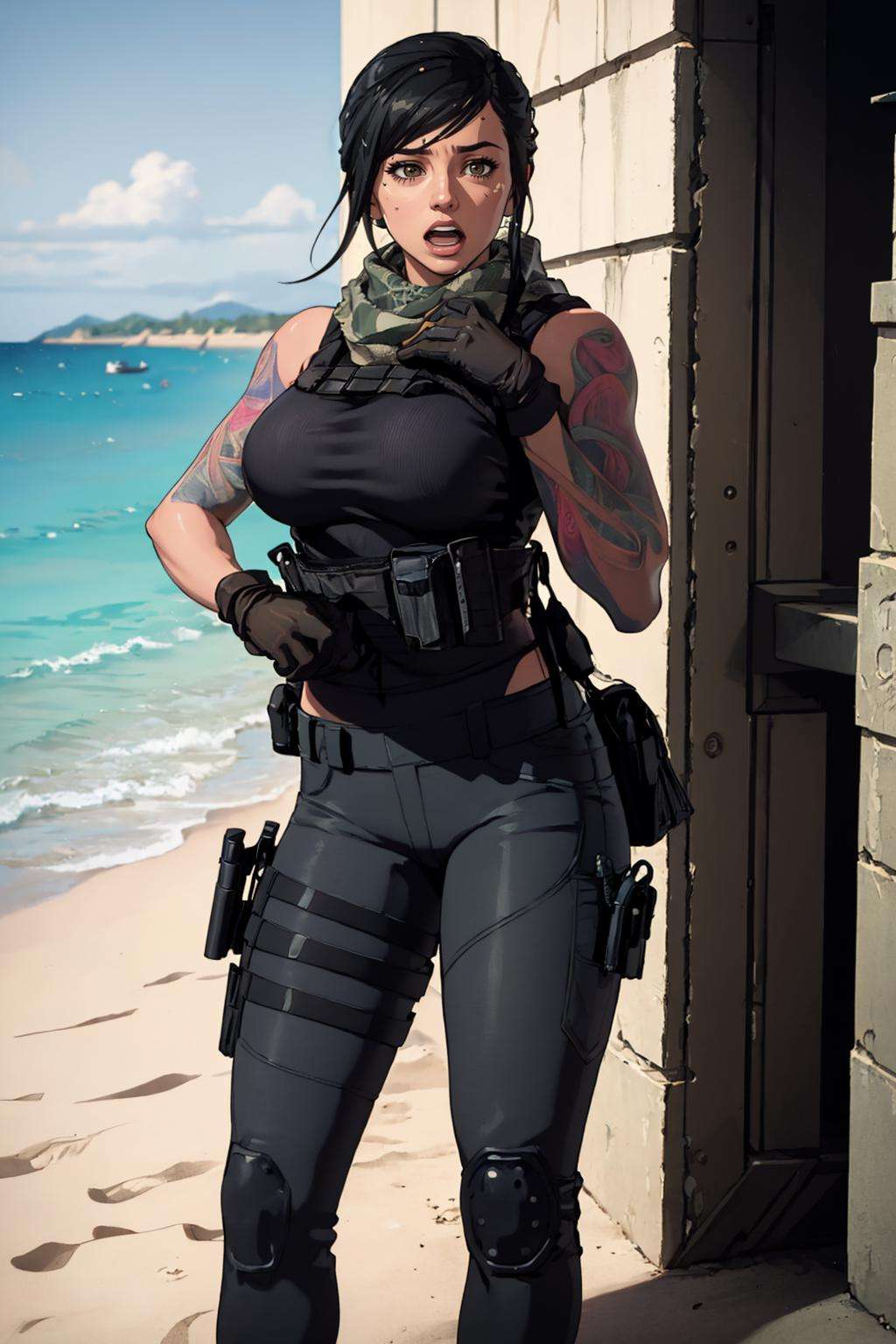 (masterpiece, best quality:1.2),  <lora:mara_(call_of_duty):.9>, mara (call of duty), 1girl, solo, black hair, gloves, scarf, tattoo, military, breasts, holster, pants, load bearing vest, day, adjusting clothes, outdoors, beach, water, open mouth