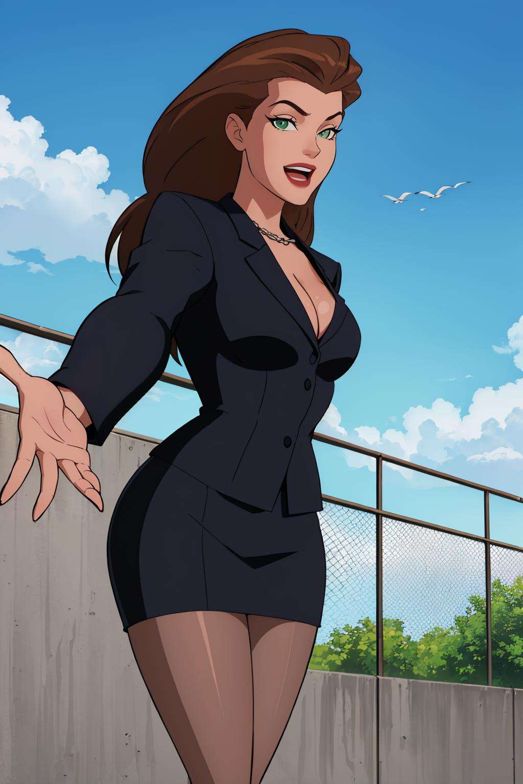 (masterpiece, best quality:1.2),  <lora:mercy_graves:.9>, mercy graves, 1girl, solo, breasts, pantyhose, cleavage, skirt, brown hair, formal, suit, long hair, makeup, skirt suit, pencil skirt, jacket, lipstick, green eyes, large breasts, miniskirt, office lady, lips,fence, day, outdoors, sky, can, smile, open mouth, chain-link fence, looking at viewer, blue sky, cloud, :d, rooftop, soda can, outstretched arm, cloudy sky, railing