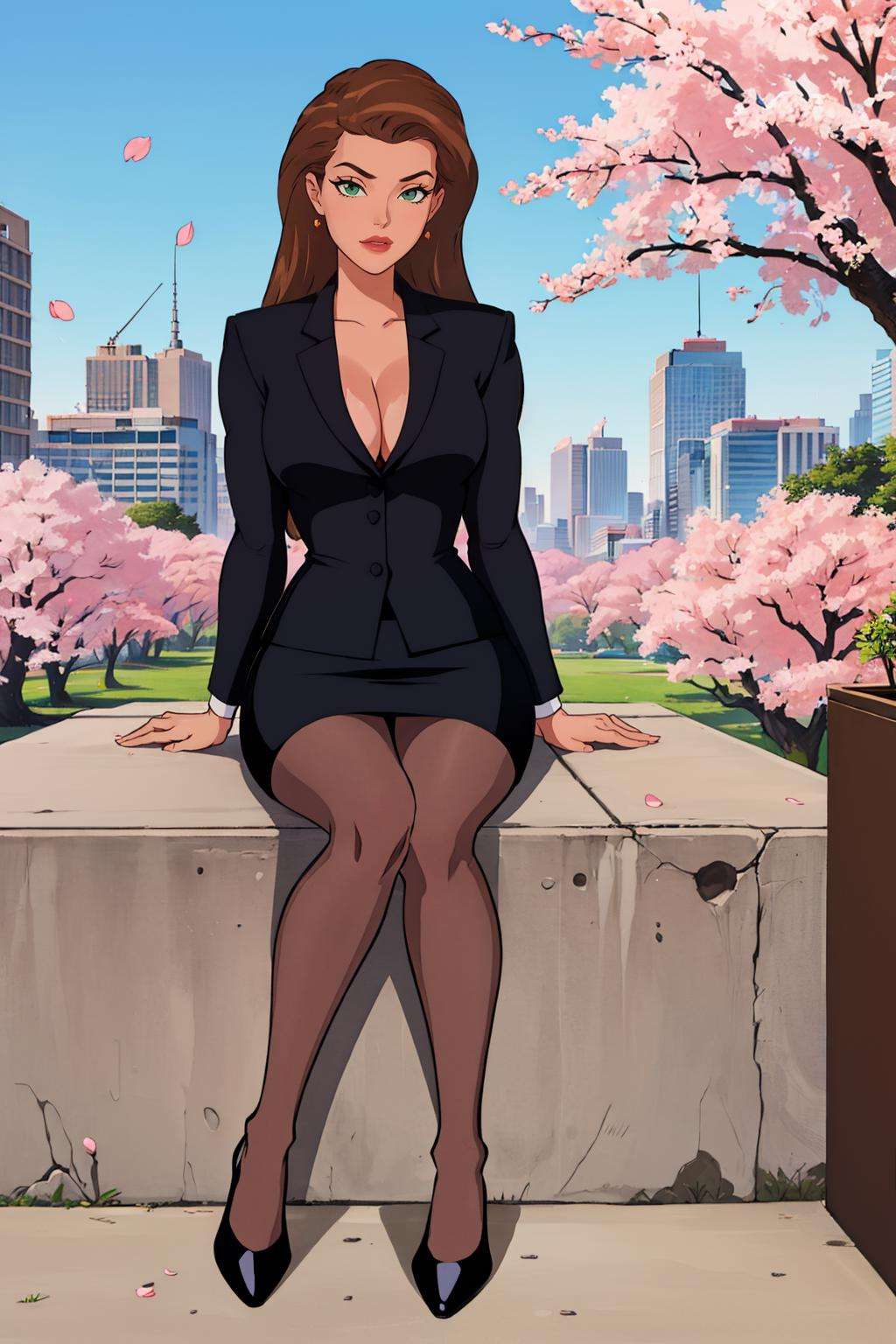 (masterpiece, best quality:1.2),  <lora:mercy_graves:.9>, mercy graves, 1girl, solo, breasts, pantyhose, cleavage, skirt, brown hair, formal, suit, long hair, makeup, skirt suit, pencil skirt, jacket, lipstick, green eyes, large breasts, miniskirt, office lady, lips, board game, sitting, outdoors, looking at viewer, petals, cherry blossoms, day, closed mouth, full body