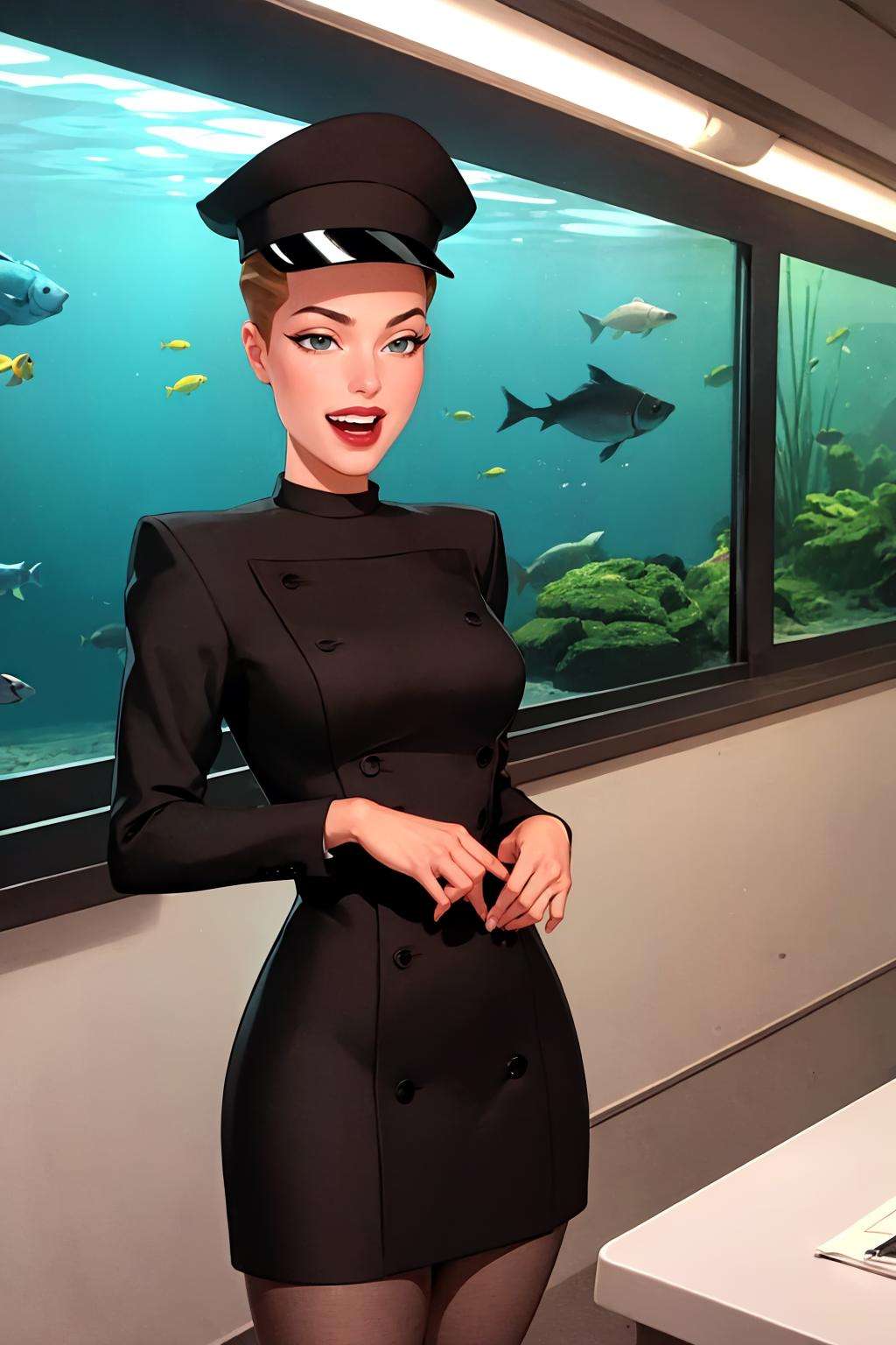 (masterpiece, best quality:1.2),  <lora:mercy_graves:.9>, mercy graves, 1girl, solo, hat, short hair, lipstick, makeup, brown hair, pantyhose, black headwear, dress, black dress, blue eyes, breasts, large breasts, red lips, short dress, peaked cap, lips, very short hair, fish, smile, open mouth, looking at viewer, :d, indoors, aquarium