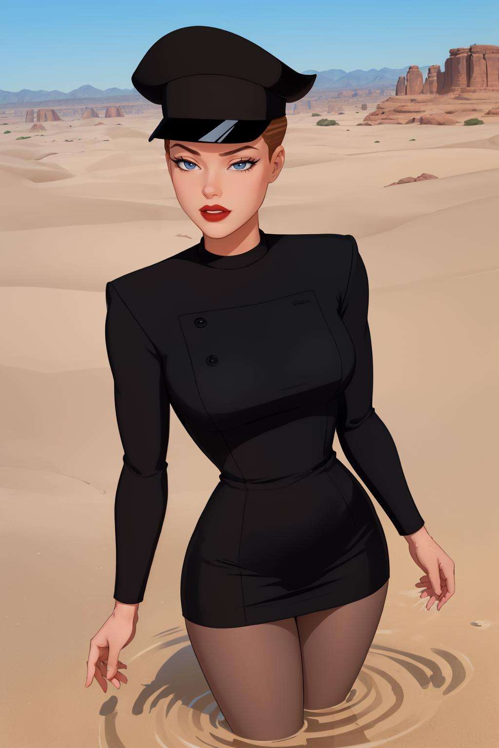 (masterpiece, best quality:1.2),  <lora:mercy_graves:.9>, mercy graves, 1girl, solo, hat, short hair, lipstick, makeup, brown hair, pantyhose, black headwear, dress, black dress, blue eyes, breasts, large breasts, red lips, short dress, peaked cap, lips, very short hair, dirty, desert, wading, looking at viewer, sun mirage