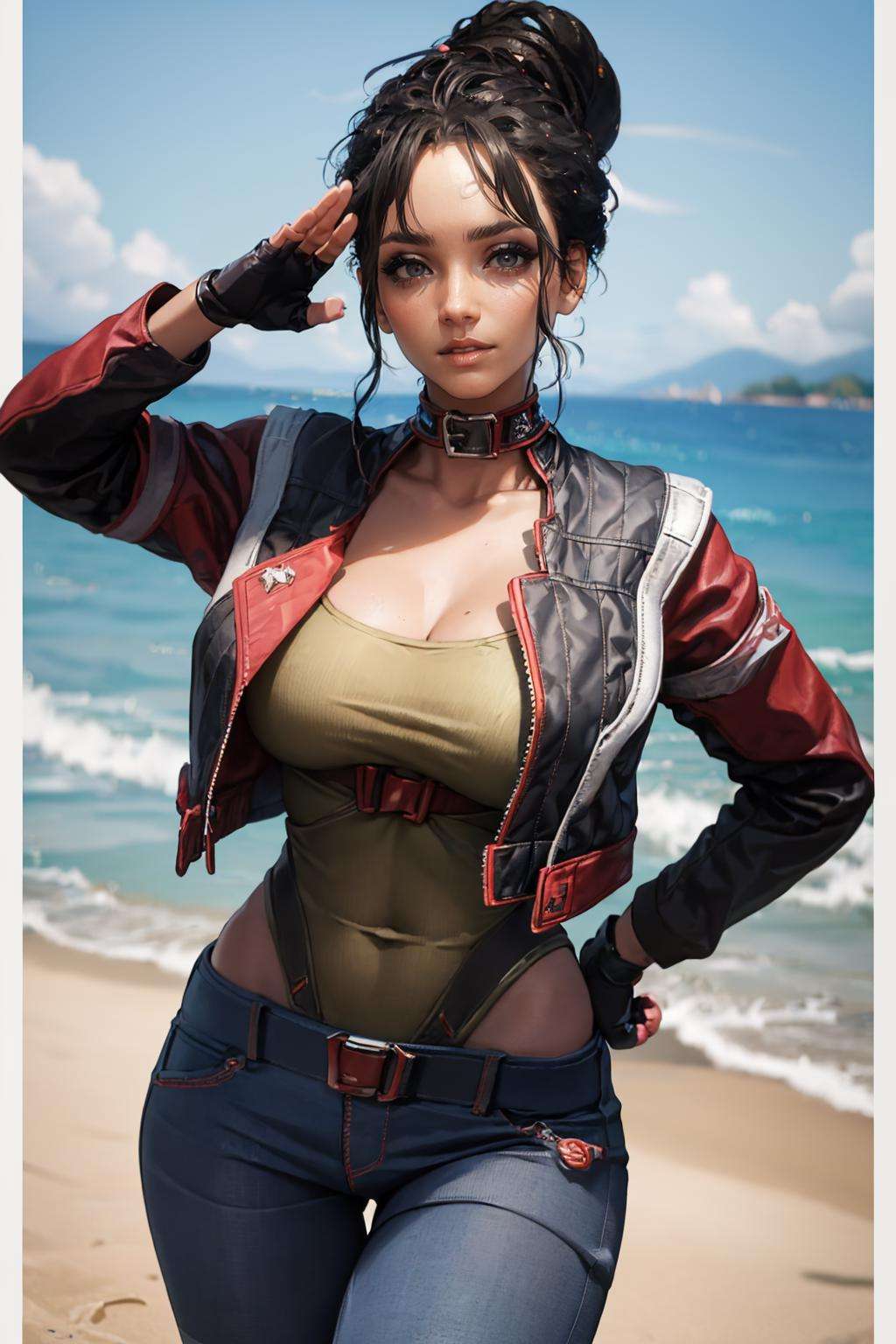 (masterpiece, best quality:1.2),  <lora:panam_palmer:.9>, panam palmer, 1girl, solo, black hair, gloves, pants, jacket, fingerless gloves, denim, belt, choker, jeans, collar, vest, nose, lips, large breasts,  leotard, black gloves, breasts, hair bun, cropped jacket, makeup, open jacket, open clothes, thigh gap, beach, looking at viewer, ocean, cowboy shot, outdoors, salute