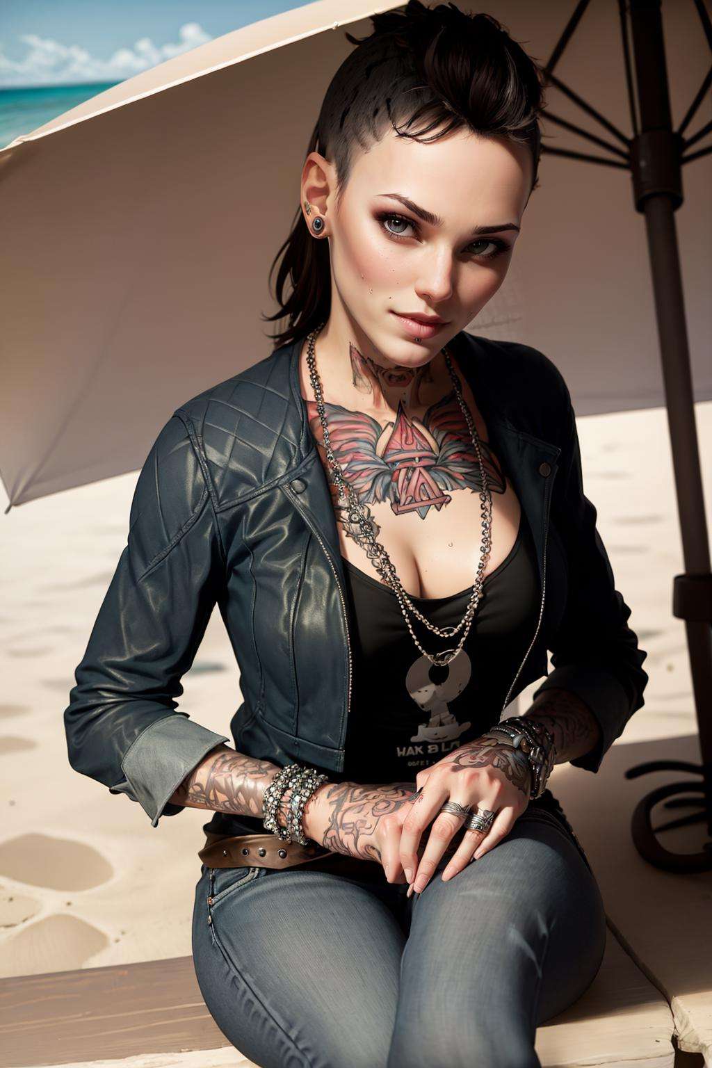 (masterpiece, best quality:1.2),   <lora:clara_lille:.9>, clara lille, 1girl, solo, tattoo, jewelry, black hair, pants, ring, earrings, jacket, necklace, cleavage, denim, belt, breasts, bracelet, jeans, piercing, ear piercing, leather, large breasts, lips, short hair, shirt, gothic, beach, looking at viewer, smile, outdoors, day, umbrella, sitting, sky, blue sky, ocean, sand, beach umbrella, sweat