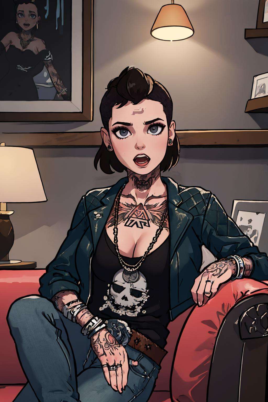 (masterpiece, best quality:1.2),   <lora:clara_lille:.9>, clara lille, 1girl, solo, tattoo, jewelry, black hair, pants, ring, earrings, jacket, necklace, cleavage, denim, belt, breasts, bracelet, jeans, piercing, ear piercing, leather, large breasts, lips, short hair, shirt, gothic, couch, sitting, looking at viewer, open mouth, on couch, lap pillow invitation, indoors, dark room