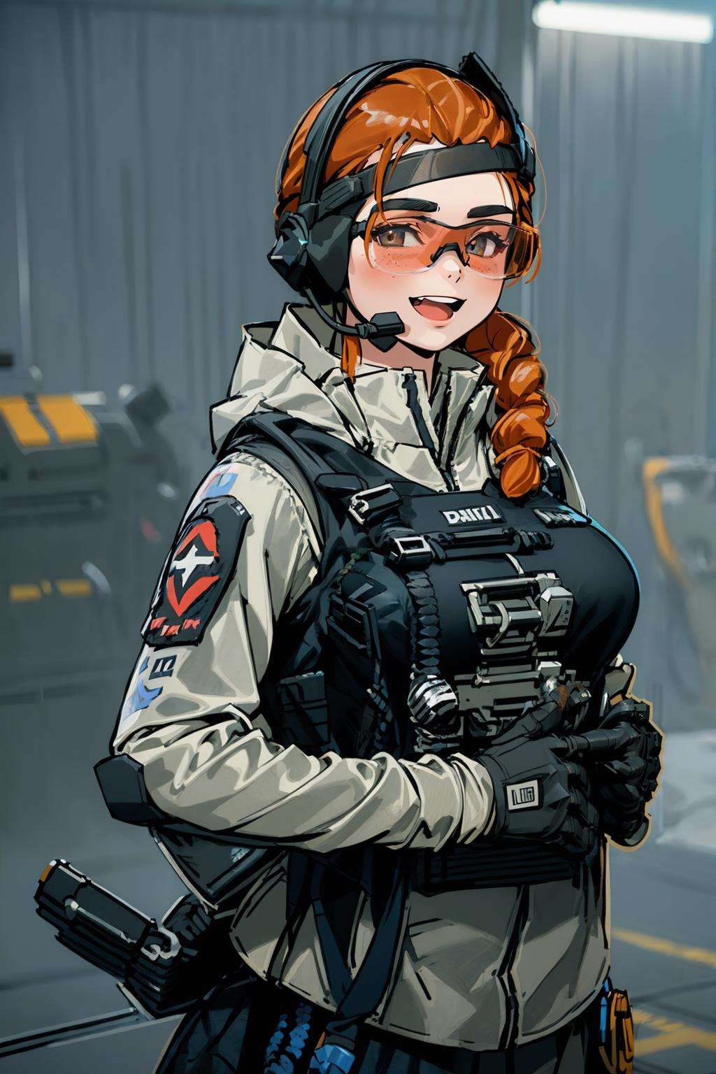 (masterpiece, best quality:1.2),   <lora:lis_(battlefield_2042):.9>, lis (battlefield 2042), solo, gloves, orange hair, headset, military, 1girl, uniform, holster, breasts, large breasts, goggles, bulletproof vest, braid, tinted eyewear, single braid, open mouth, skeleton, smile, looking at viewer, blurry, upper body, plant, indoors, museum