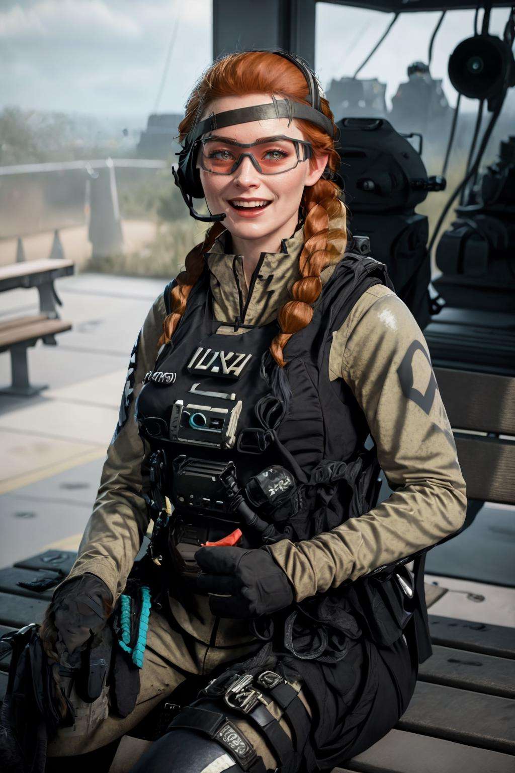 (masterpiece, best quality:1.2),   <lora:lis_(battlefield_2042):.9>, lis (battlefield 2042), solo, gloves, orange hair, headset, military, 1girl, uniform, holster, breasts, large breasts, goggles, bulletproof vest, braid, tinted eyewear, single braid, sitting, hand on lap, outdoors, bench, smile, day, looking at viewer, open mouth, shiny hair, park