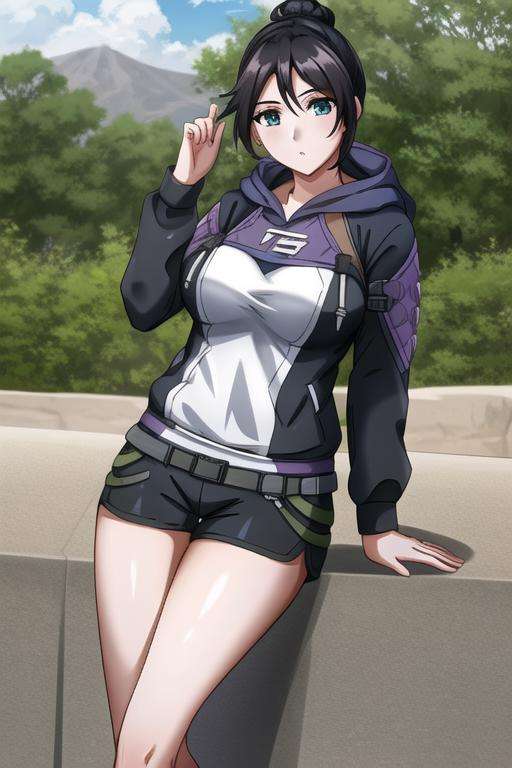 <lora:Wraith_(apex_legends):.6> wraith (apex legends), 1girl, solo, breasts, outdoors, hoodie, shorts, 