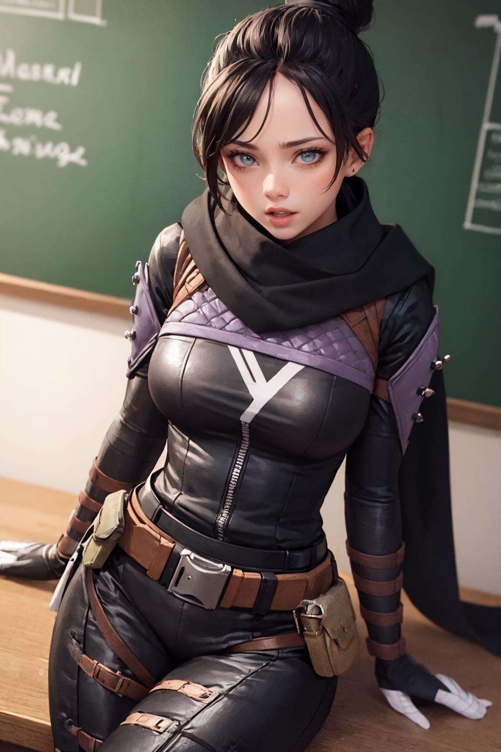 (masterpiece, best quality:1.2),  <lora:wraith_(apex_legends):.9>, wraith (apex legends), 1girl, solo, single hair bun, hair bun, bodysuit, scarf, black bodysuit, holding, breasts, black hair, black scarf, large breasts, blue eyes, belt, brown belt, bangs, parted bangs, hair behind ear, gloves, nose piercing, black gloves, thigh strap, looking at viewer, open mouth, chalkboard, thigh gap, hand on own chest, inside, thighs, thick thighs, 