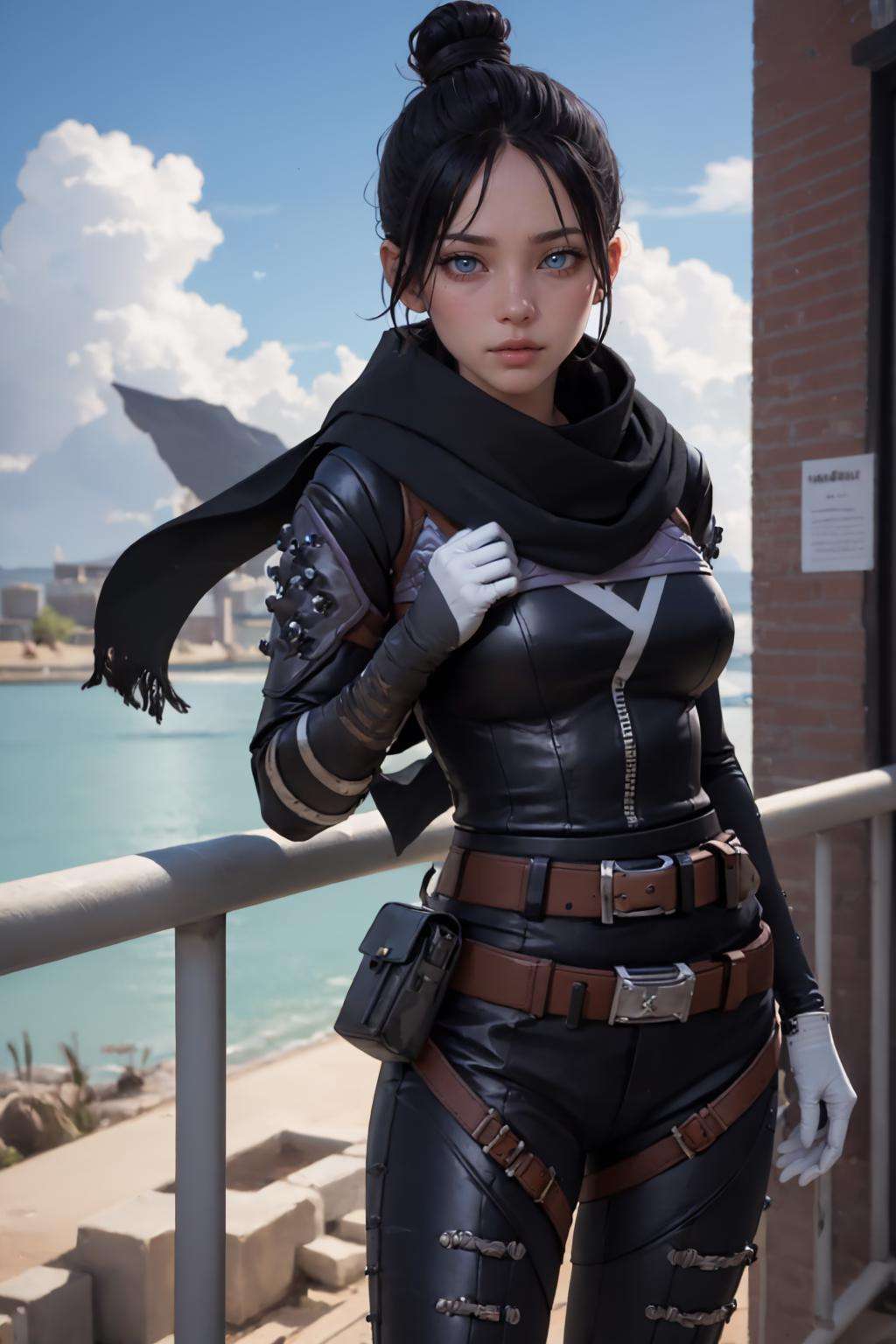 (masterpiece, best quality:1.2),  <lora:wraith_(apex_legends):.9>, wraith (apex legends), 1girl, solo, single hair bun, hair bun, bodysuit, scarf, black bodysuit, holding, breasts, black hair, black scarf, large breasts, blue eyes, belt, brown belt, bangs, parted bangs, hair behind ear, gloves, nose piercing, black gloves, thigh strap, looking at viewer, letter, outdoors, sky, envelope, petals, railing, hand on own chest, blue sky, day, blurry, cloud