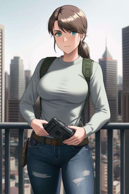 quiet (metal gear),  <lora:Quiet:.6>, masterpiece, best quality, cowboy shot, 1girl, solo, toned, city, long sleeves, sweater, jeans, 