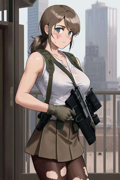 quiet (metal gear),  <lora:Quiet:.6>, masterpiece, best quality, cowboy shot, 1girl, solo, toned, city, school uniform, dirt on face, mud on face, 