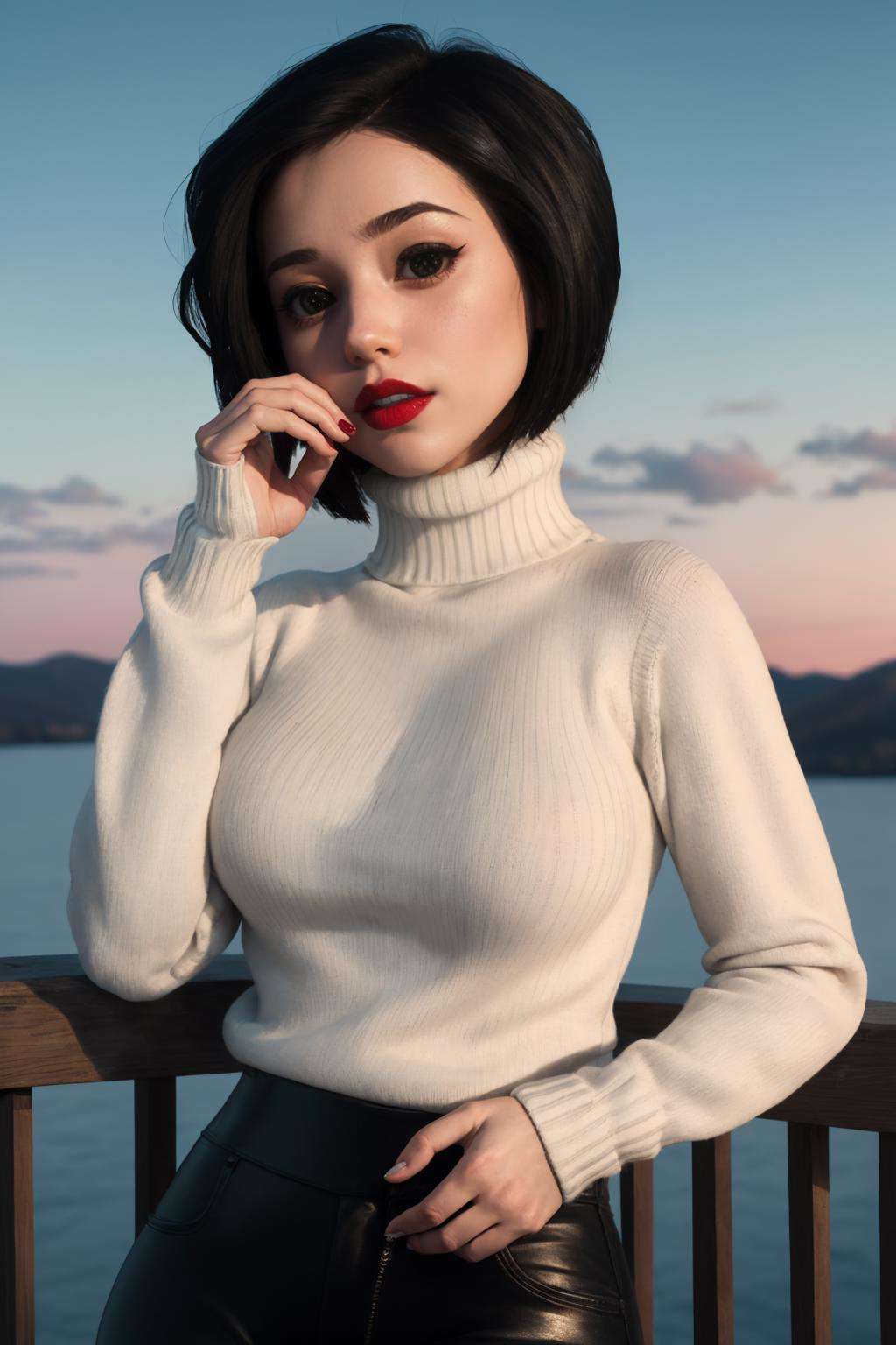 (masterpiece, best quality:1.2),  <lora:othermother:.9>, other mother, 1girl, solo, black hair, pants, sweater, short hair, breasts, black pants, turtleneck, black eyes, white sweater, lipstick, makeup, red lips, large breasts, long sleeves, turtleneck sweater, @ @, outdoors, head rest, colorful sky