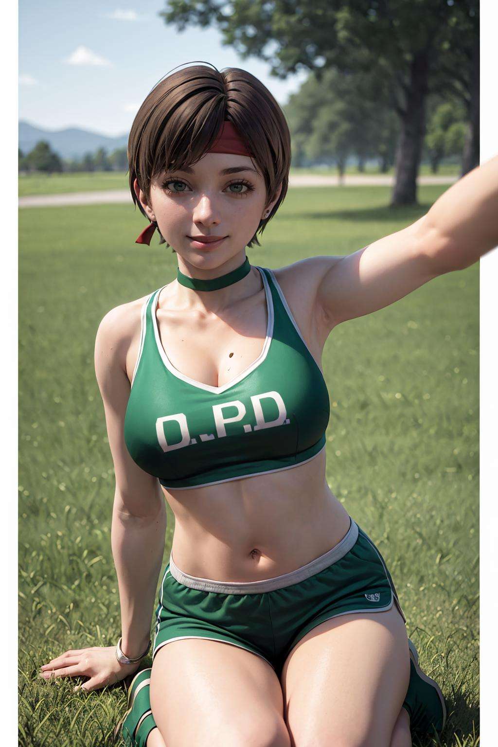 (masterpiece, best quality:1.2), <lora:rebecca_chambers_sportswear:.9>, rebecca chambers sportswear, 1girl, solo, shorts, navel, breasts, green eyes, large breasts, midriff, headband, choker, green shorts, crop top, savannah, landscape, hot, orange sky, outdoors, grass, dirt, hiding, tall grass, tree, blurry, kneeling, selfie, looking at viewer, smile, pov selfie, 