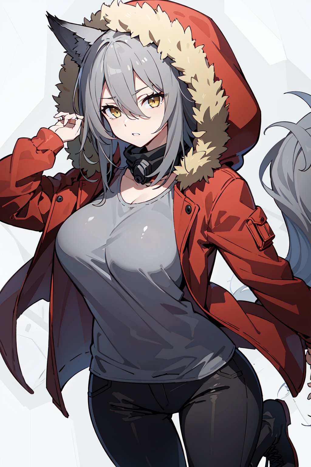 projekt red, bangs, shirt, long sleeves, hair between eyes,  jacket, yellow eyes, grey hair, boots,  pants, hood, black footwear, open jacket, fur trim, mask, black pants, wolf ears, hooded jacket, grey shirt, wolf tail, red jacket, cross-laced footwear, hood up, fur-trimmed hood,  1girl, solo  breasts, large breasts, masterpircr, best quality, high resolution