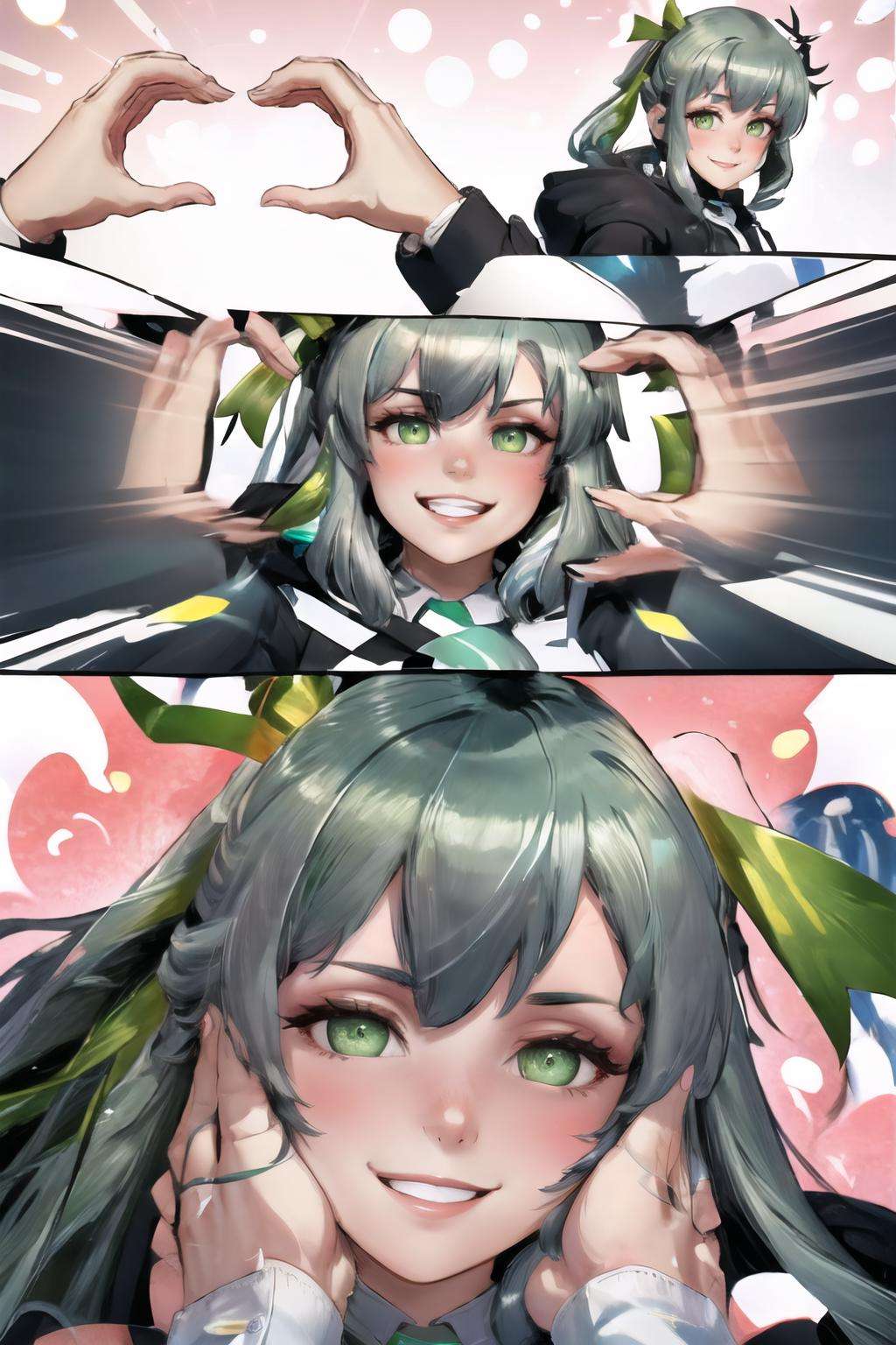 Highly detailed, High Quality, Masterpiece, beautiful, IncrsSnootChallenge, comic, pov hands, <lora:SnootChallenge:1>, xbox-chan, ponytail, green hair ribbon, <lora:Char_Meme_Xboxchan:0.8>, blush, happy, smile, 