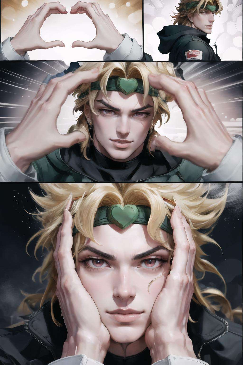 Highly detailed, High Quality, Masterpiece, beautiful, IncrsSnootChallenge, comic, pov hands, <lora:SnootChallenge:1>, dio, jacket, headband,  <lora:Char_Sigmas_Dio:0.9>