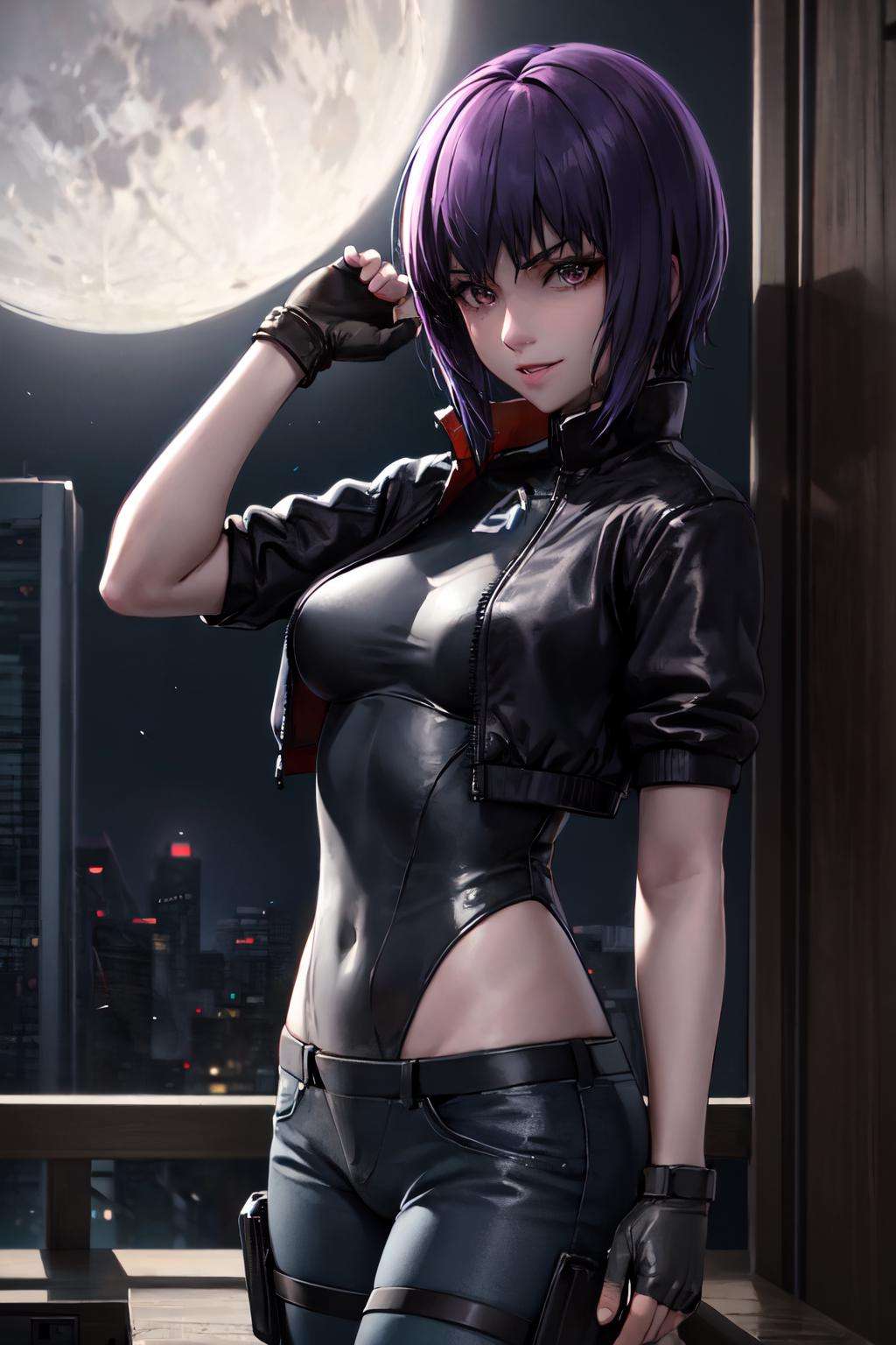 1girl, (masterpiece:1.3), (high resolution), (8K), (extremely detailed), (4k), (pixiv), perfect face, nice eyes and face, (best quality), (super detailed), detailed face and eyes, (solo), textured skin, absurdres, highres, motoko2045wz, black jacket, open jacket, black leotard,  fingerless gloves, pants, purple eyes, purple hair, short hair, lips,  <lyco:motoko2045lyco-09:0.7>, standing, cowboy shot, cyberpunk, science fiction, cinematic light, hands on head, modeling, looking at viewer, room, neon lights, night, window, moon, <lora:more_details:0.4> 