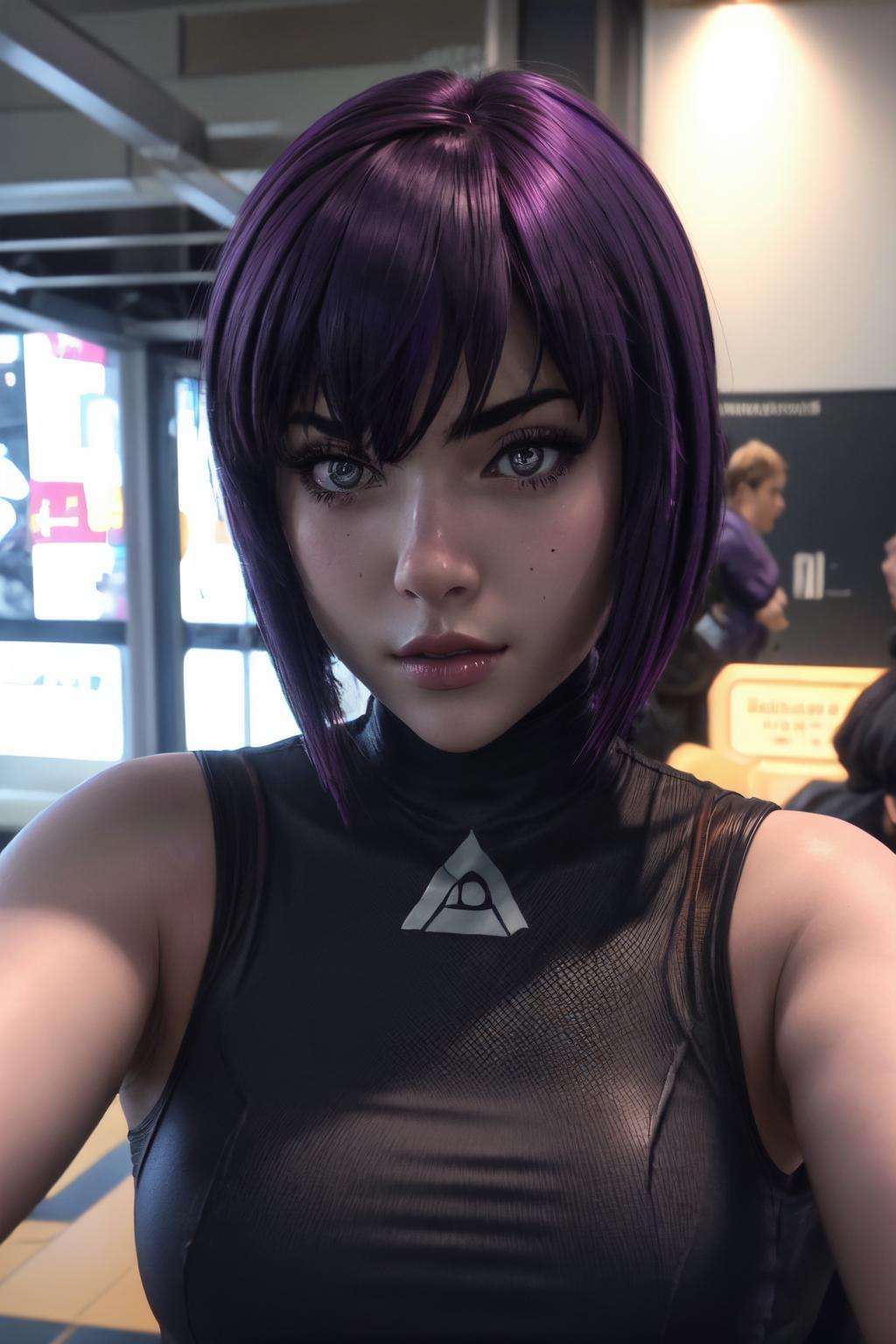 1girl, (masterpiece:1.3), (high resolution), (8K), (extremely detailed), (4k), (pixiv), perfect face, nice eyes and face, (best quality), (super detailed), detailed face and eyes, (solo), textured skin, absurdres, highres, outdoors, motoko2045wz, motoko_kusanagi, leotard, pants, bare shoulders, fingerless gloves, large breasts, purple hair, purple eyes, lips, (pov), (selfie:1.3),<lora:motokofix-10:0.7>,realistic, raw photo, <lora:more_details:0.4>, <lora:bettereyes:0.9> 