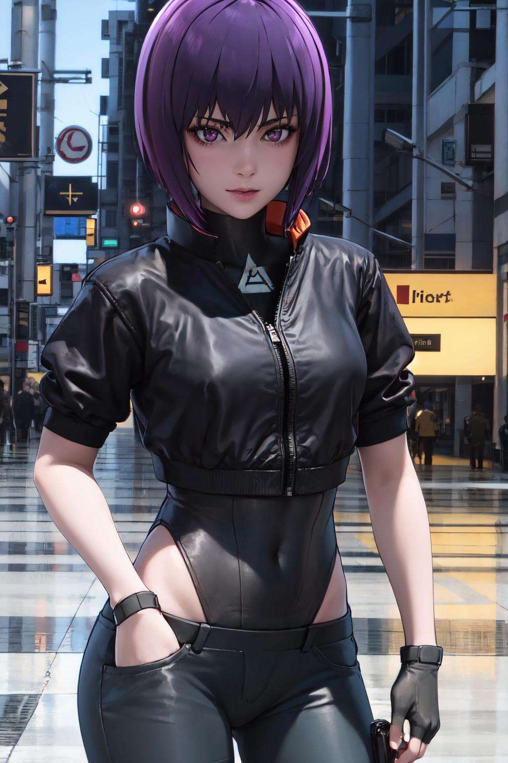 1girl, (masterpiece:1.3), (high resolution), (8K), (extremely detailed), (4k), (pixiv), perfect face, nice eyes and face, (best quality), (super detailed), detailed face and eyes, (solo), textured skin, absurdres, highres, motoko2045wz, black jacket, black leotard, fingerless gloves, pants, purple eyes, purple hair, short hair, lips,  <lyco:motoko2045lyco-09:0.7>, standing, cowboy shot, cityscape, looking at viewer, light light smile, cyberpunk, science fiction, 