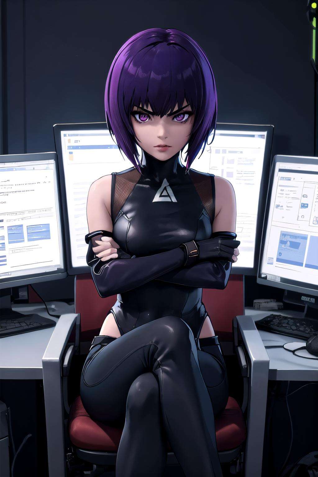 1girl, (masterpiece:1.3), (high resolution), (8K), (extremely detailed), (4k), (pixiv), perfect face, nice eyes and face, (best quality), (super detailed), detailed face and eyes, (solo), textured skin, absurdres, highres, motoko2045wz, bare shoulders, bare shoulders, black leotard,  fingerless gloves, pants, purple eyes, purple hair, short hair, lips,  <lyco:motoko2045lyco-09:0.7>, room, cyberpunk, science fiction, sitting, chair, looking at viewer, angry, serious, crossed arms, cross legs, monitor, 