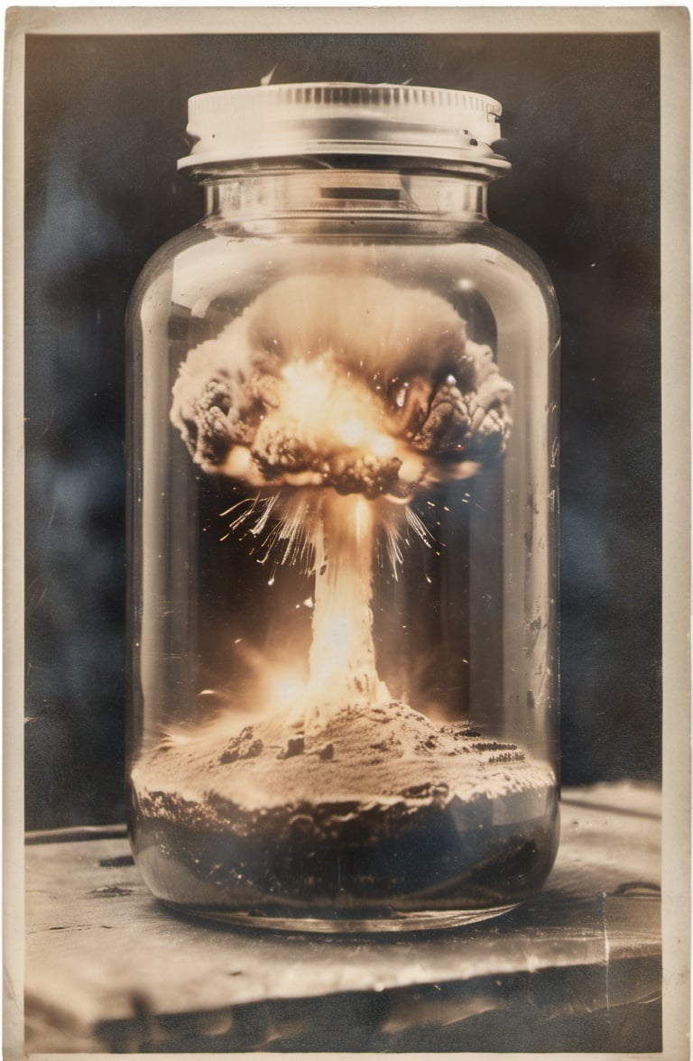 raw photo of a nuclear explosion in a jar, sharp focus, depth of field, 8k, realistic, photorealistic, hdr <lora:rppc-final:1>