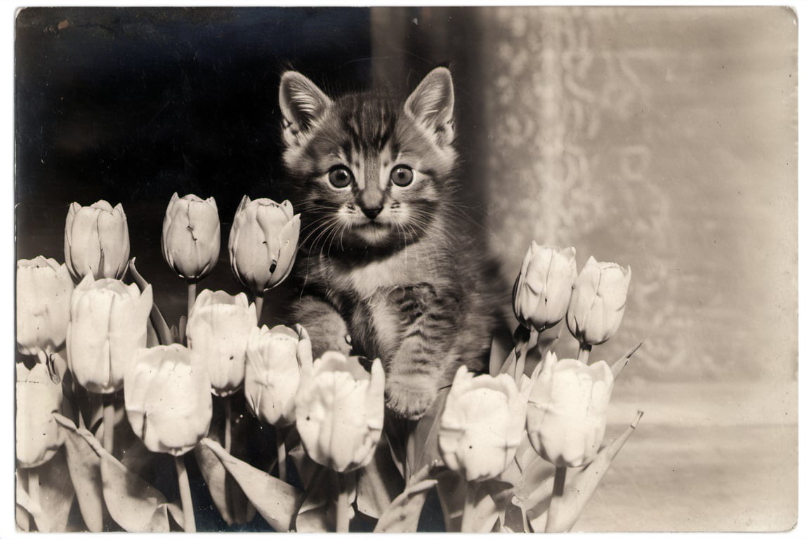 a tiny adorable kitten,  playing in the tulips,  close shot, <lora:EMS-40811-EMS:1.000000>