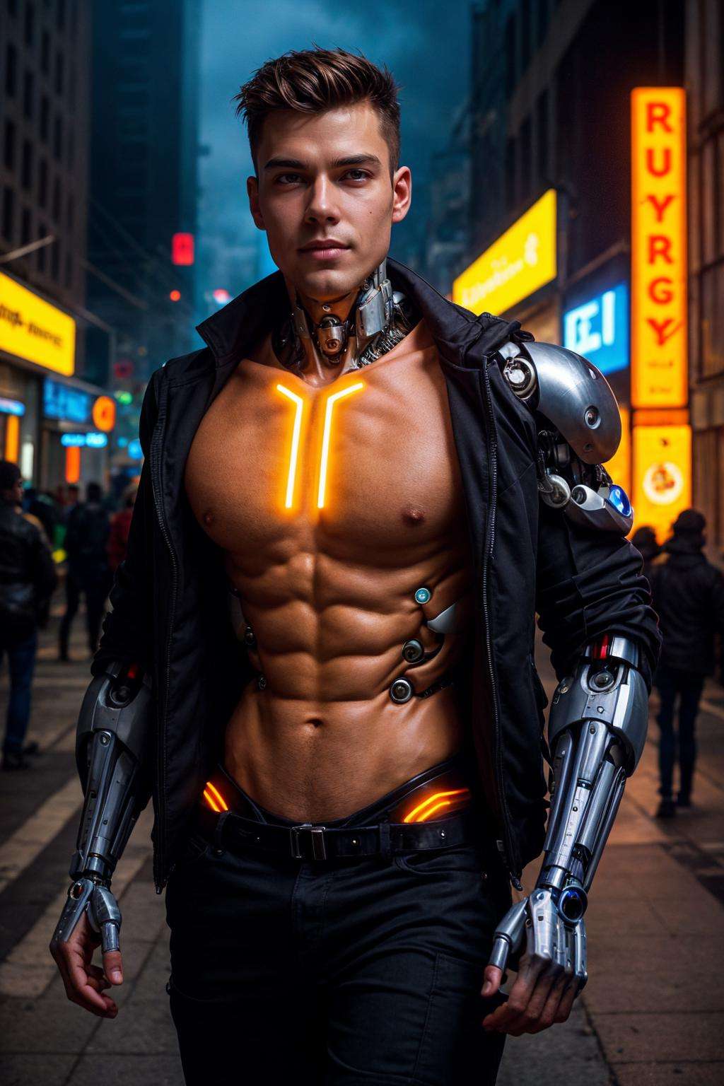 photo of a handsome male cyborg wearing futuristic black jacket with glowing lining, neon city lights, sharp focus, futuristic cyberpunk city street, soft lighting, (smirk:0.7), portrait, (close up:1), cybernetic parts, science fiction, huge pectorals, glowing orange cybernetic eyes, (brown eyes), looking away, skinny, lean muscles, (18 years old), sideswept hair, neonpunk, volumetric fog, cinematic, vibrant colors, mechanical parts, (cyborg:1.3), pants, realistic, masterpiece, intricate details, detailed background, depth of field,