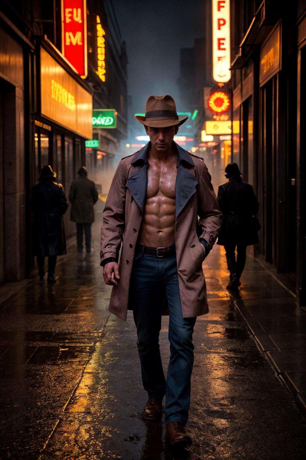 a cinematic scene featuring an Italian man strolling down a dimly lit, rain-soaked street in a 1960s noir setting, The man should exude the charm and style of the era, dressed in a (brown trenchcoat) and fedora, The street should be bathed in the glow of neon signs, casting dramatic shadows and reflections on the wet pavement, Capture the atmosphere of mystery and intrigue that is characteristic of noir films from that era, (muted colors:1.5), fog, (night), large pectorals, abs, nipples, shirtless, realistic, masterpiece, intricate details, detailed background, depth of field,
