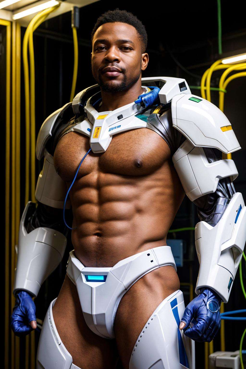 (african man) wearing white mecha power armor, glowing, cables, wires, futuristic lab background, medium hair, transparent plastic, beard, upper body, science fiction, ((abs)), realistic, masterpiece, intricate details, detailed background, depth of field,