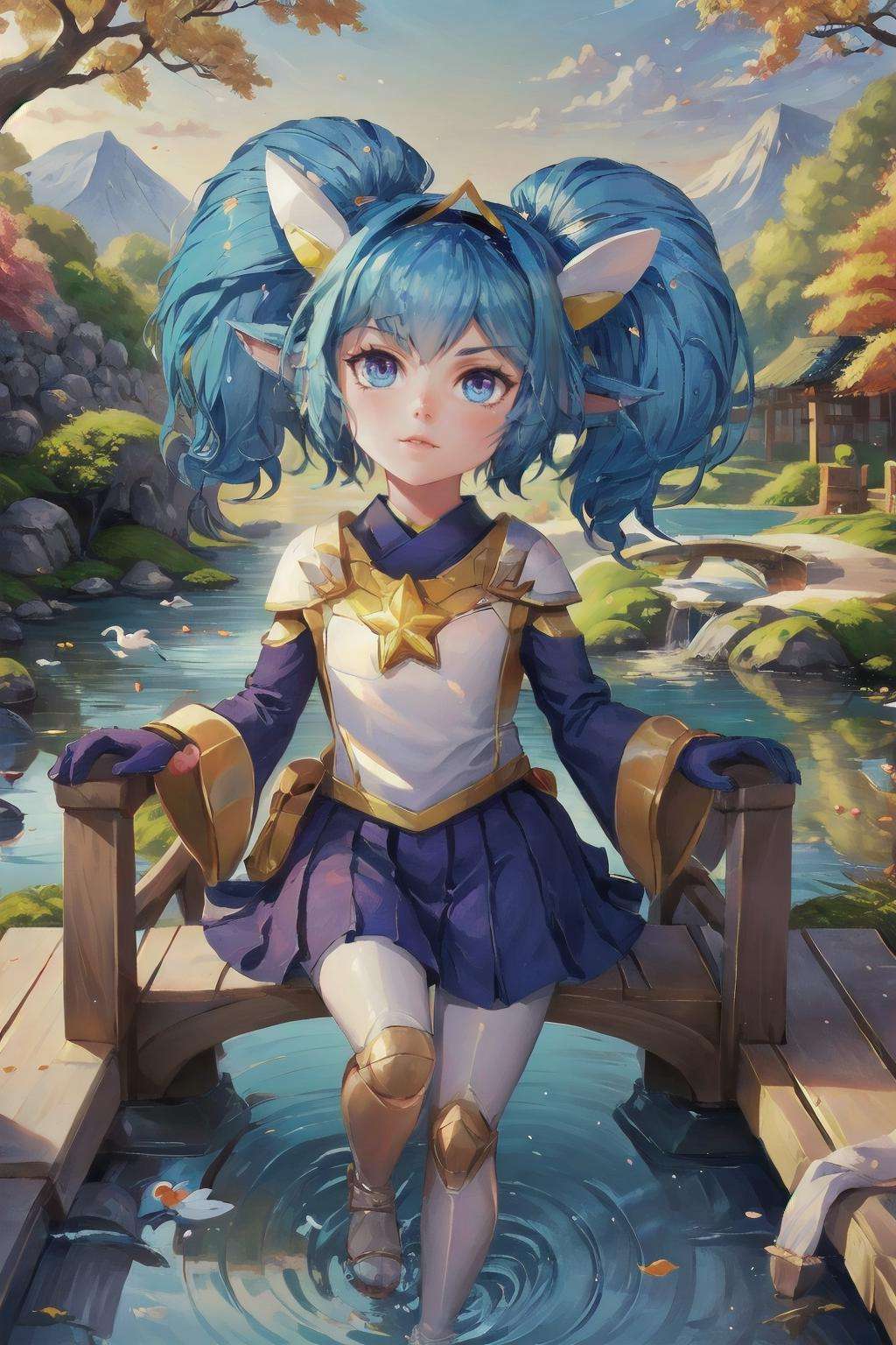 Highly detailed, High Quality, Masterpiece, beautiful, <lora:StarGuardianPoppy-10:1>, StarGuardianPoppy, yordle, 1girl, solo, Impressionist landscape of a Japanese garden in autumn, with a bridge over a koi pond.