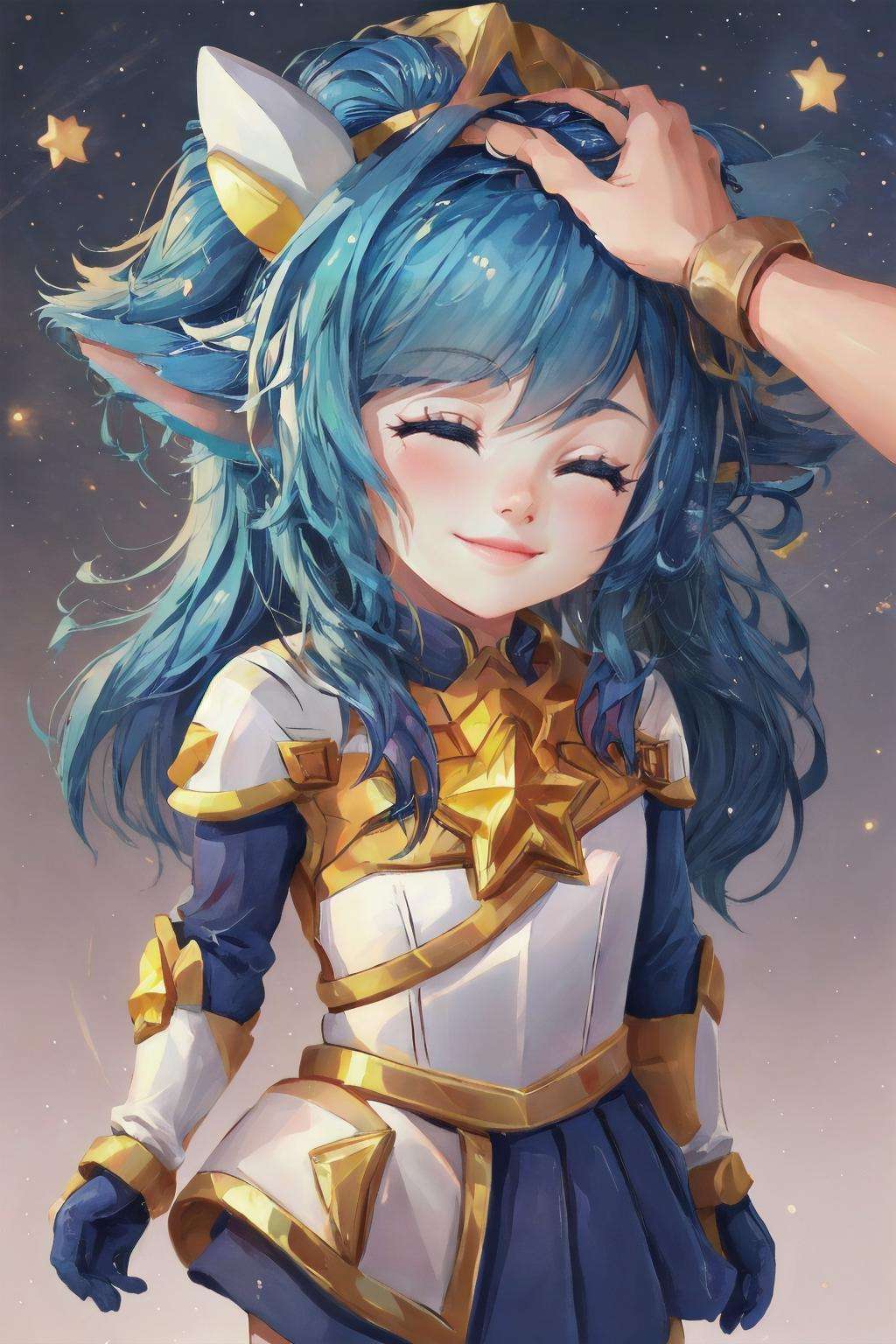 Highly detailed, High Quality, Masterpiece, beautiful, <lora:StarGuardianPoppy-10:1>, StarGuardianPoppy, yordle, 1girl, solo,    <lora:HeadpatPOV:1>, headpat, closed eyes, smile, cowboy shot, 