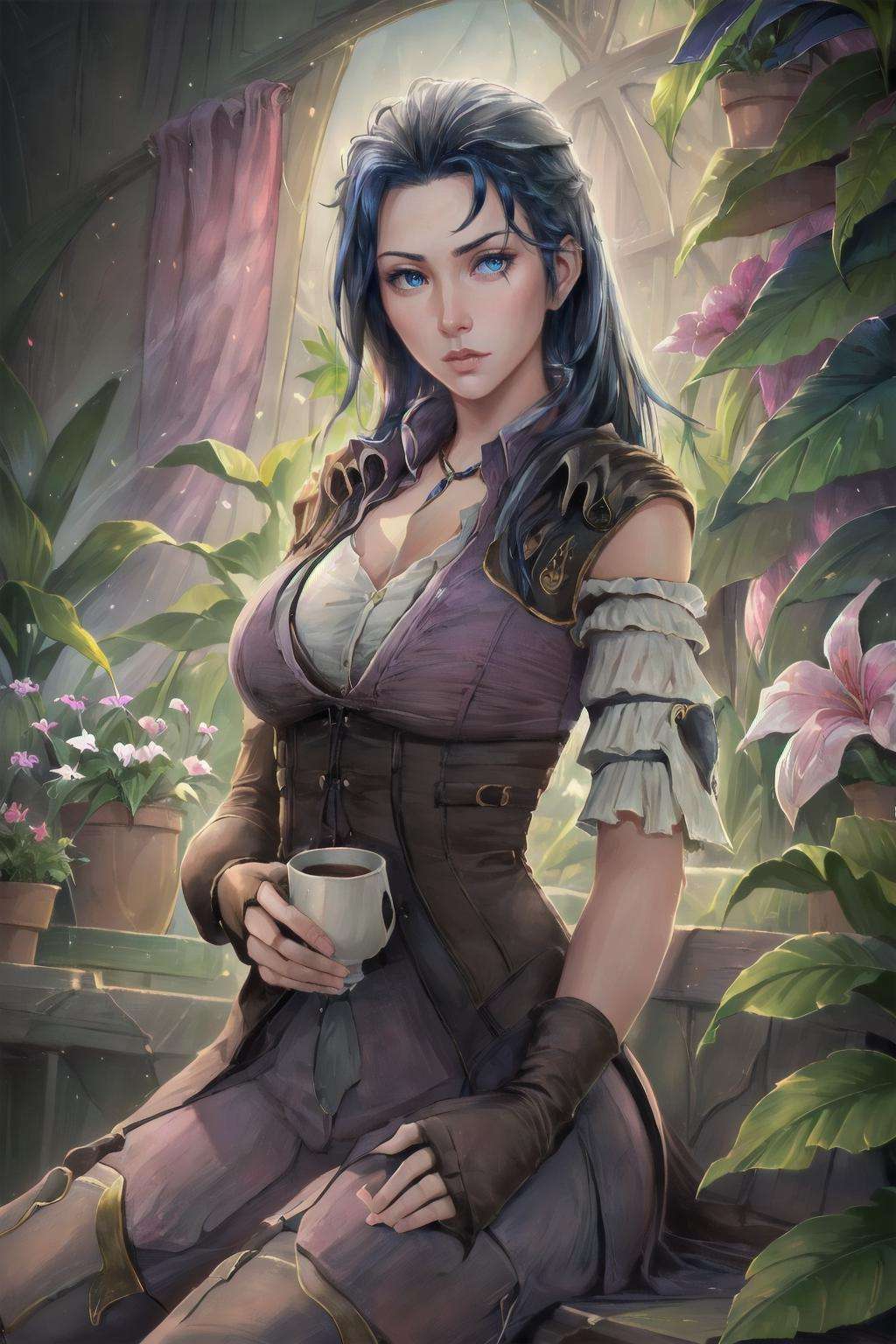 Highly detailed, High Quality, Masterpiece, beautiful, acncait, hand on hip,  <lora:Arcane-09:1>, 1girl, solo, Art Nouveau painting of a female botanist surrounded by exotic plants in a greenhouse. sitting, cup, front