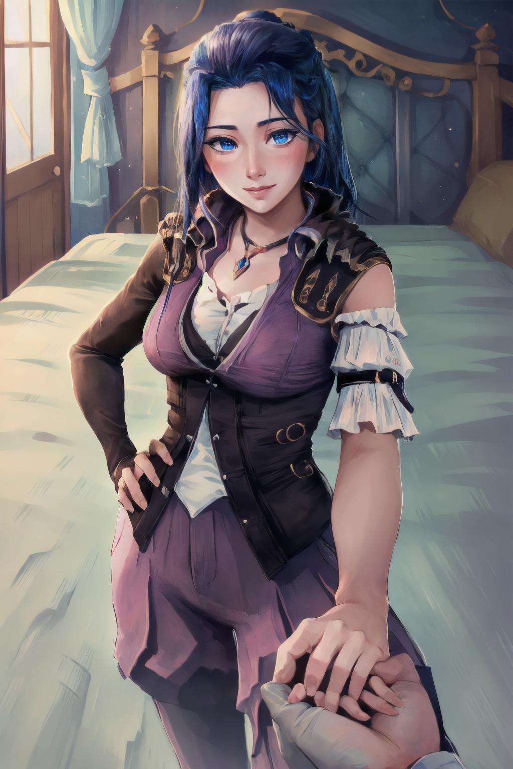 Highly detailed, High Quality, Masterpiece, beautiful, acncait, hand on hip,  <lora:Arcane-09:1>, 1girl, solo, <lora:HoldingHandsPov:1>, IncrsHoldingHandsPov, holding hands, pov hands, smile, blush, happy, 